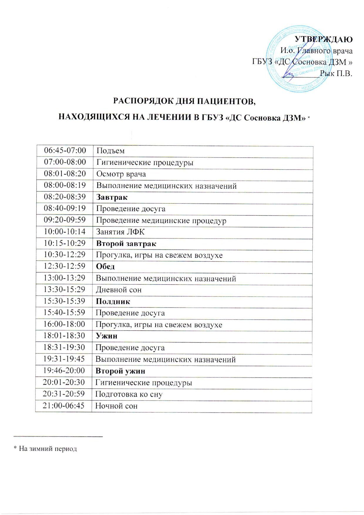 Распорядок дня для пациентов